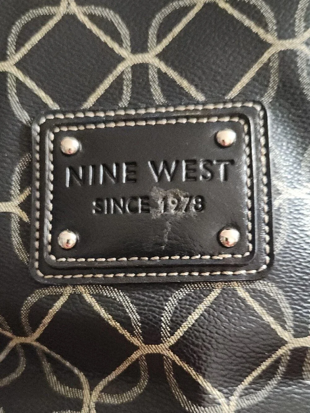 Nine West Black Tote with Cream Geometric Stitching